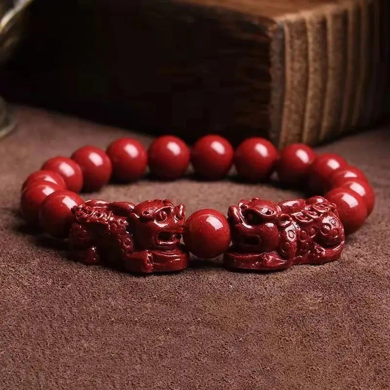 Natural Cinnabar Pixiu Bracelet Purple Gold Sand Elastic Men's and Women's Round Beads String Auspicious Wishful Jewelry Gift