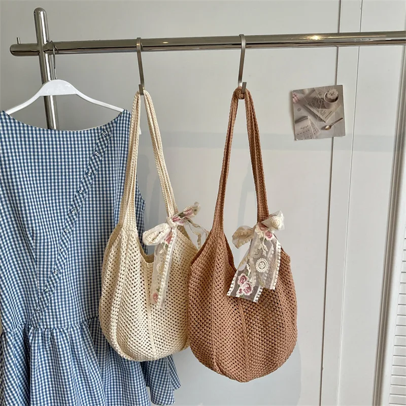 Handmade Openwork Knit Shoulder Bag, Cream & Caramel Crochet Sling Purse with Ribbon Bow for Women