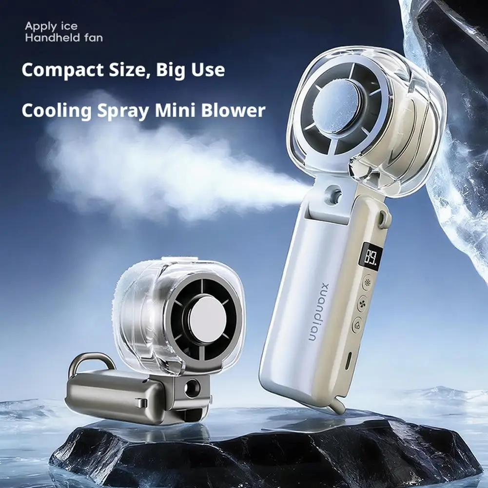 Semiconductor Handheld Fan with Cooling Spray Portable High Speed Mini Blower Electric Air Cooler Folding Desktop Neck Hanging