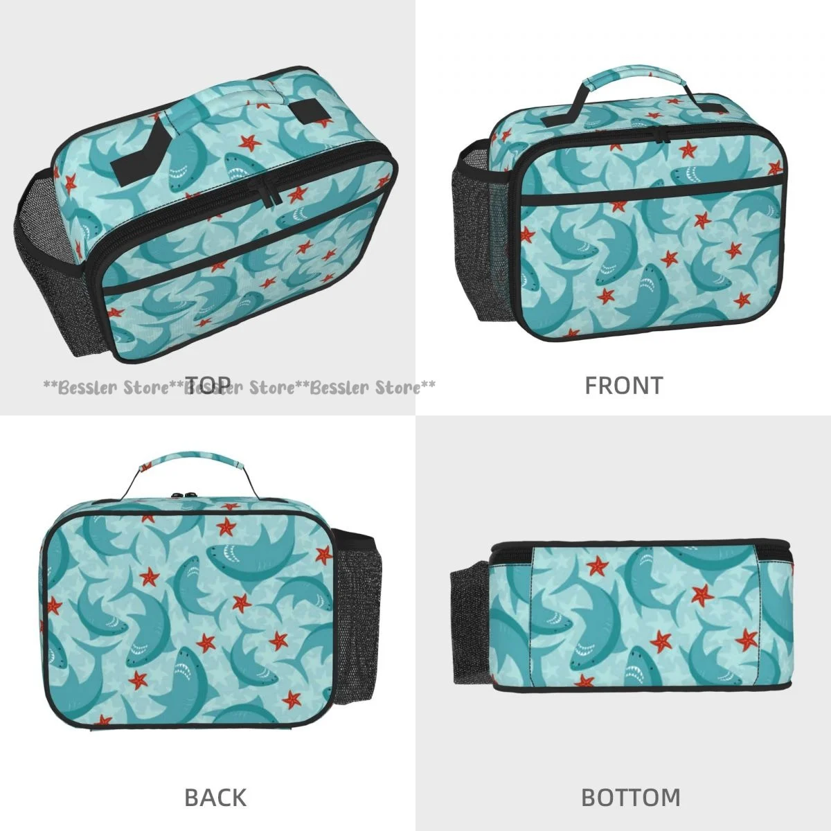 Horizontal Hand Carry Insulated Bento Lunch Bag Shark With Starfish Thermal Reusable Meal Container Bag
