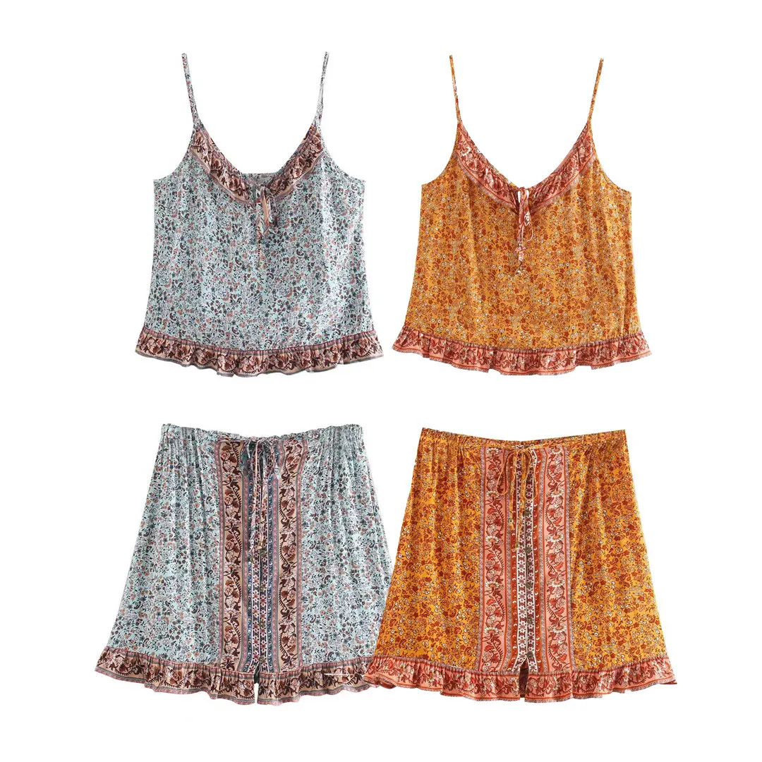 

Women's Two-piece Set 2026 Summer Casual Loose American Style Flounce Sleeveless Tank Top Drawstring Print Good-looking Skirt