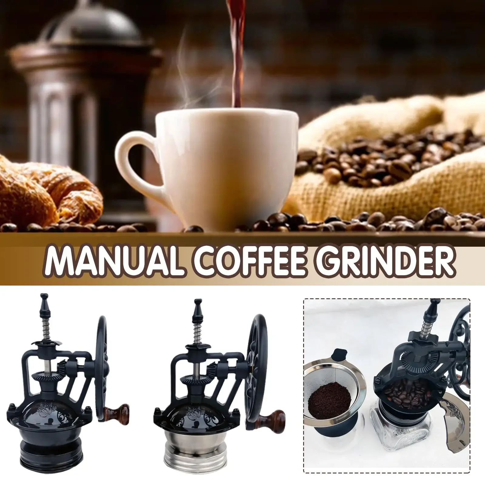 Retro Wooden Manual Coffee Bean Grinder Cast Iron Handmade Adjustable Hand Tool Home Mill Grinder Maker Coffee Machine W6J0