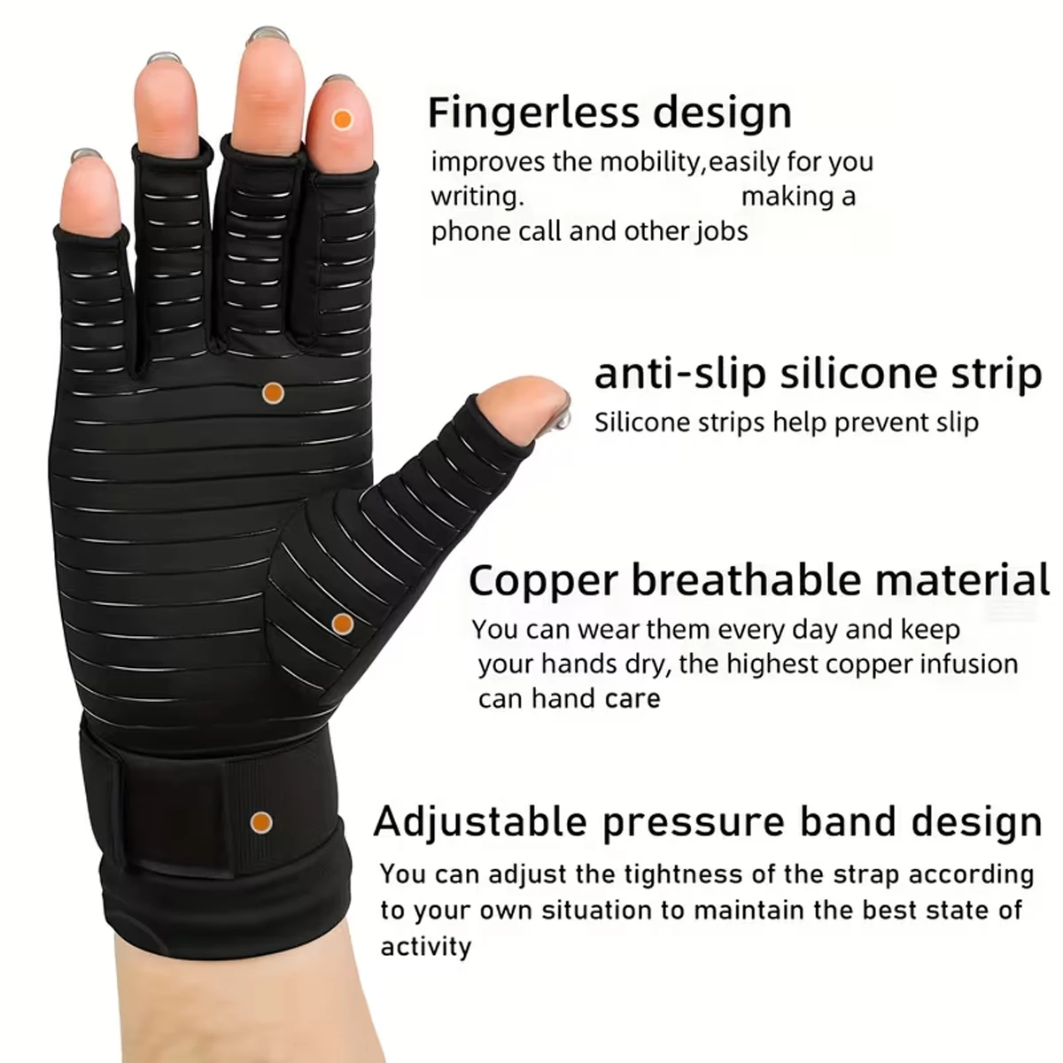 Kompressionsschutzhandschuhe, fingerlos zum Tippen, Kupferionen-Material, lindern Handanschwellungen, winterwarm, schwarz, für Radfahren – Detail 3