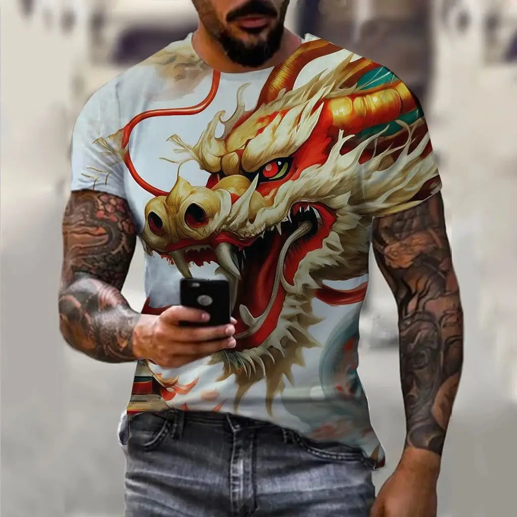 Summer Men Fun 3d Printed Dragon Pattern Casual Street Personality Creative O Collar Short Sleeve Baggy Plus Size Fashion Top