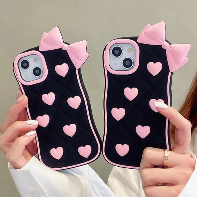 

Korea Pop Cute 3D bowknot Love heart Phone Case For iphone 16 15 14 13 12 i11 Pro XS Max XR 6 7 8 Plus kid Soft Slicone Cover