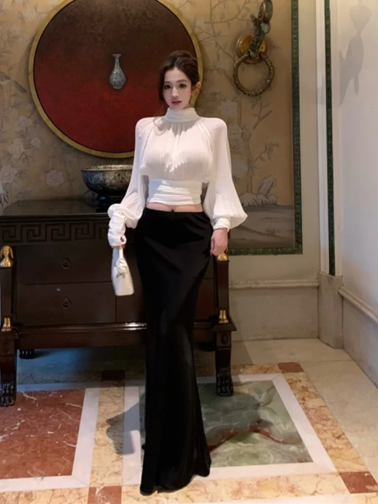 

Ele Lady Suite White Long Sve Semi-high Collar ort irt Bodycon Fi Tail Skirt Two-piece Set Faionable Women's E...