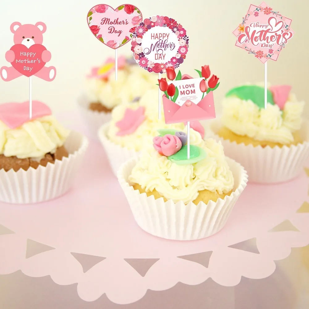 

36pcs Pink Happy Mother's Day Cake Toppers Love Bear Flower Festival Cupcake Topper Mom Letter Mothers Day Gift Decor