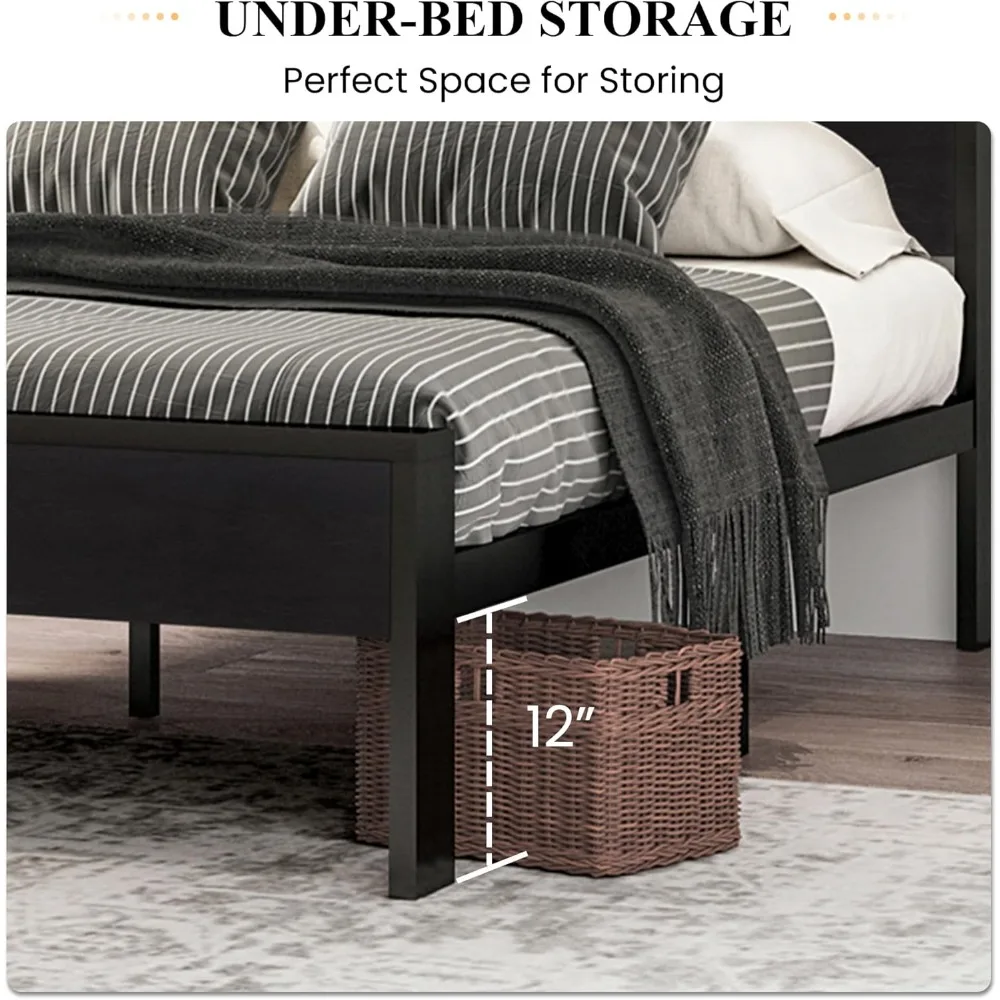 Estrutura de cama com plataforma de metal queen size de 14 polegadas com cabeceira e estribo de madeira - Base de colchão necessária sem molas