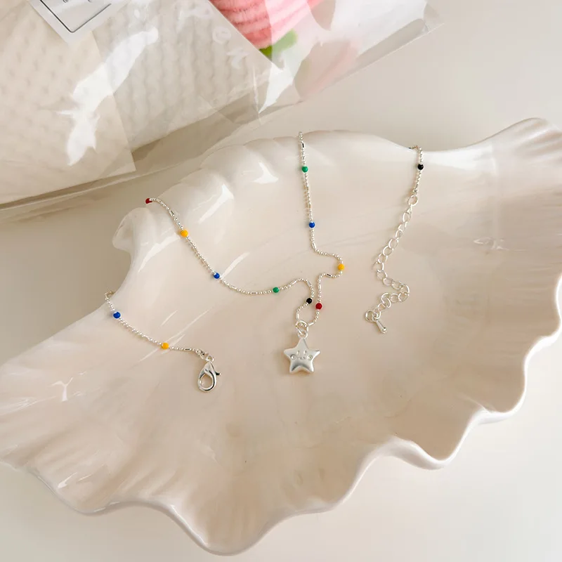 Dopamine-Inspired Colorful Beaded Star Necklace: A Delicate, Niche Summer Collar Necklace with a Beachy Vacation Vibe