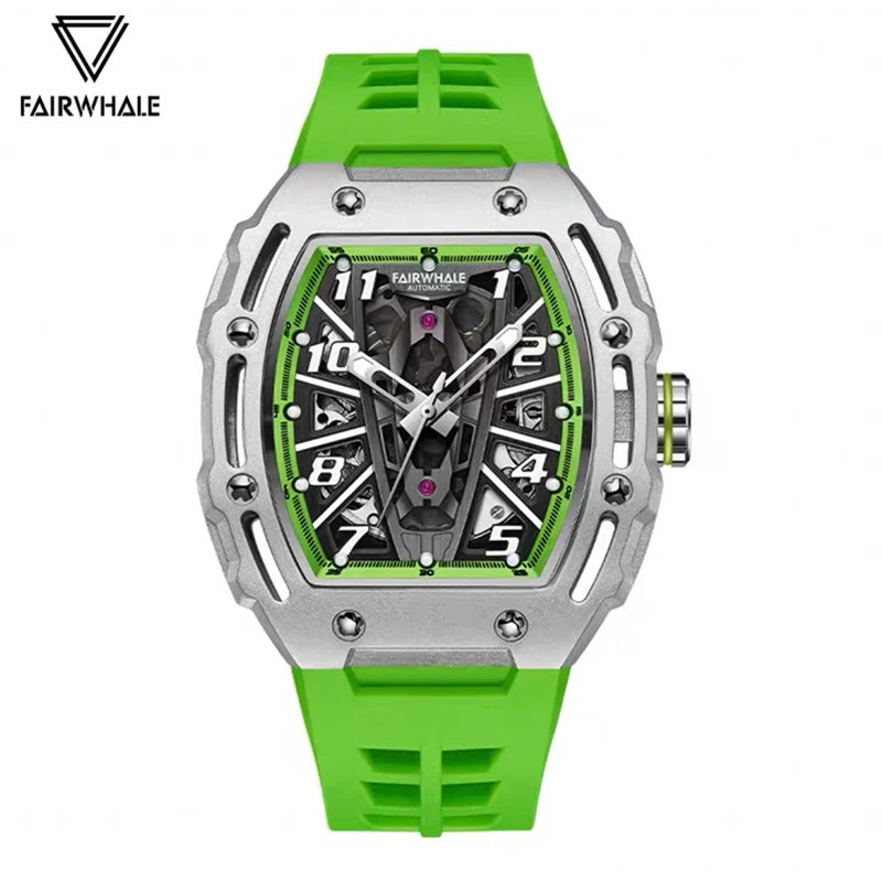 

New Mechanical Watch Mens Tonneau Shape Skeleton Tourbillon Automatic Watches Fashion Green Silicone Strap Diver Mille Clock Man