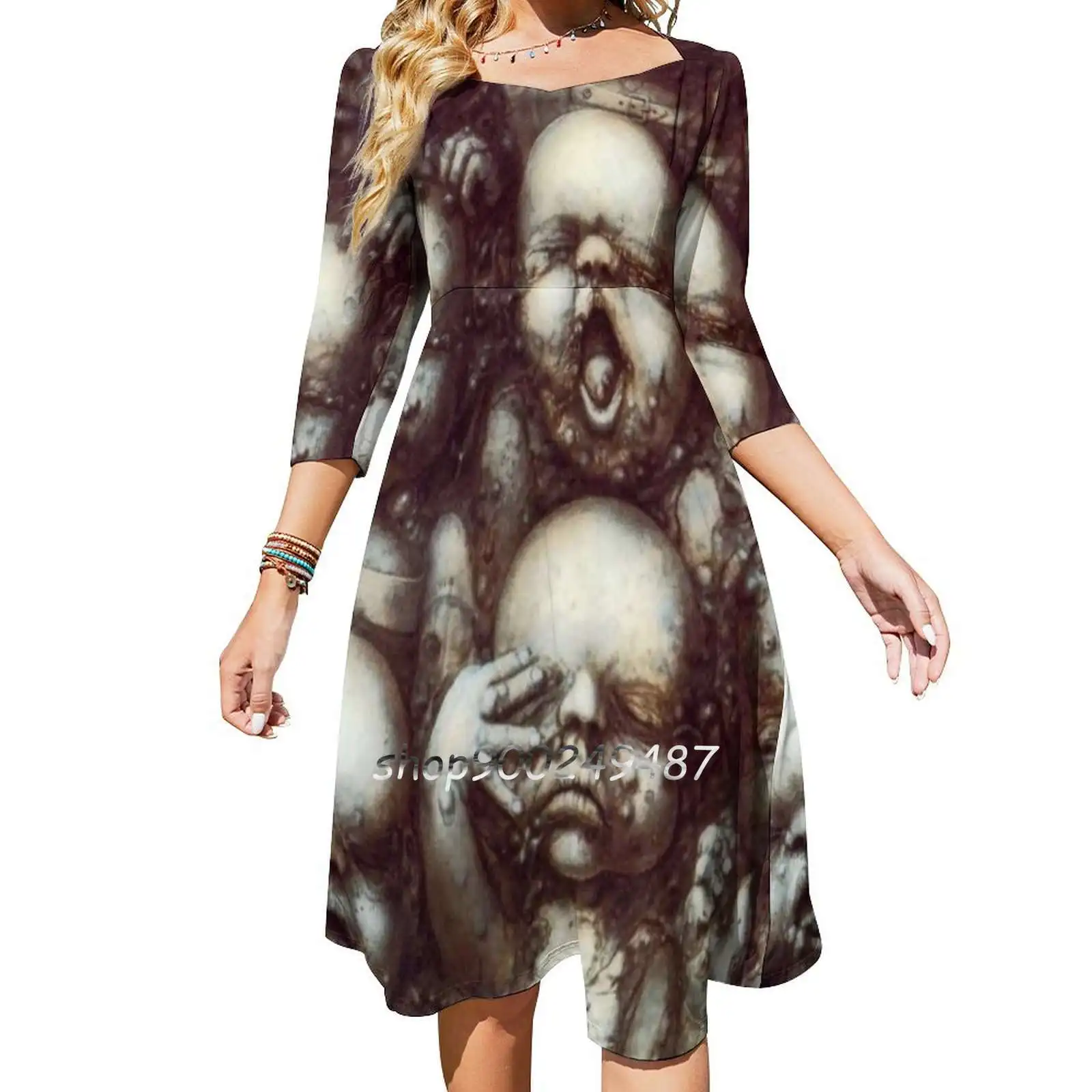 Hr Giger Steampunk Babies Dresses For Women A-Line Korea Style Slim Long Sleeve Dress Metal Steampunk Giger Vintage Retro Sci