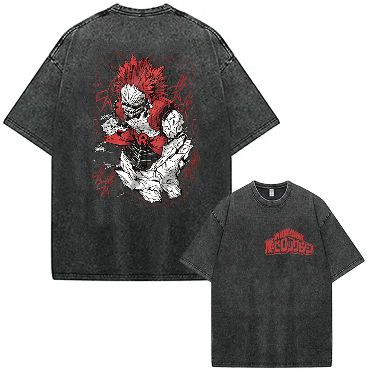 Japanisches Anime My Hero Academia Eijiro Kirishima Vintage Washed T-Shirt Herren Gothic Mode Oversized Baumwoll-T-Shirt Streetwear
