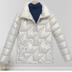 Doudoune brillante en coton pour femme, col montant, parkas chaudes décontractées, manteau court femme, vêtements d'extérieur d'hiver, nouveau, 2024