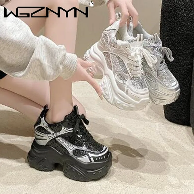 Designer Thick Bottom Bling Leather Chunky Sneakers Breathable Sport Ankle Boots Women 10.5CM Comfy Heels Autumn Vulcanize Shoes