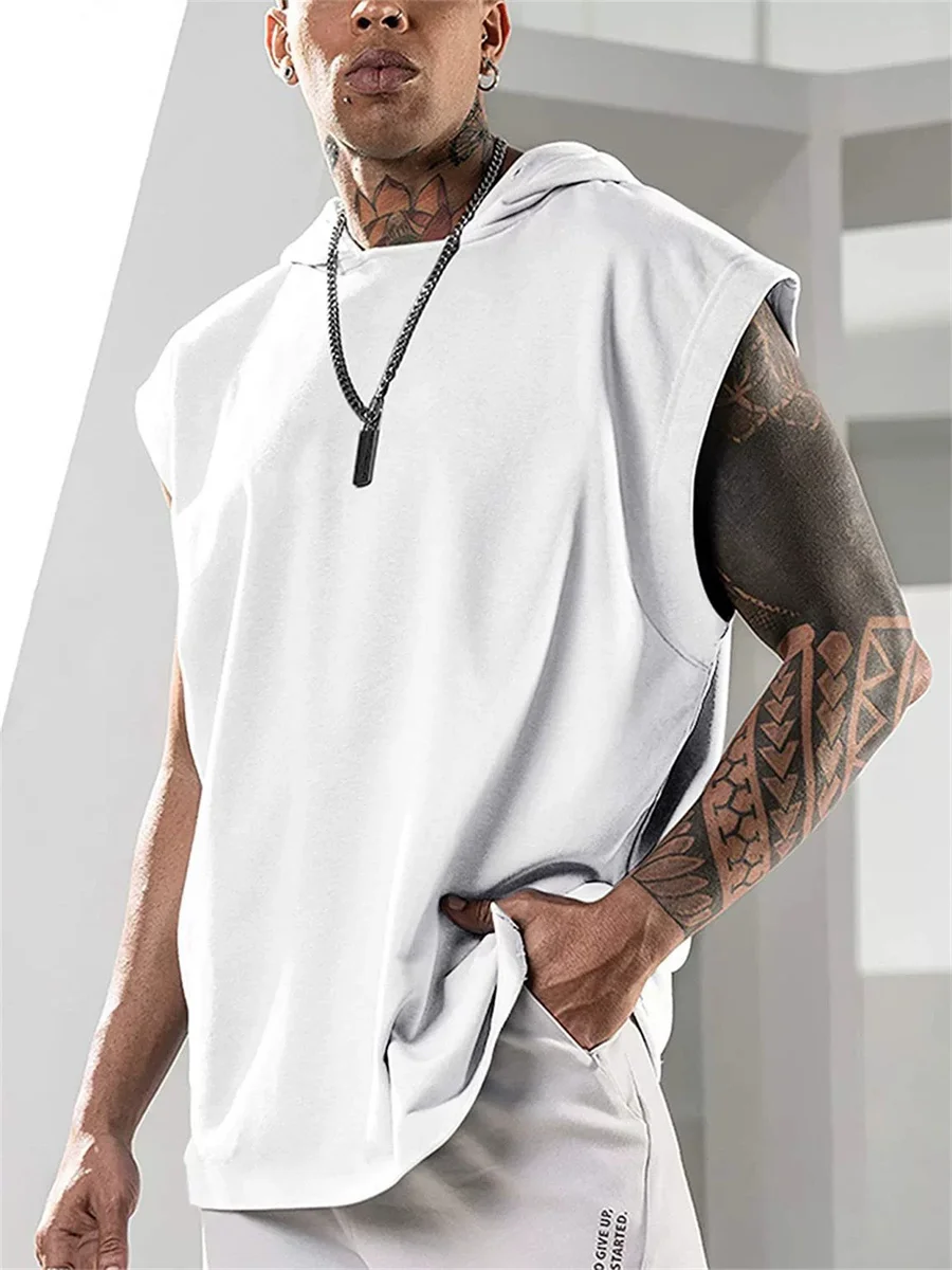 2025 Summer New High Quality Men's Sleeveless Hooded Sweatshirt Loose Vest Fitness Sports Leisure Street Vest M-3XL Size
