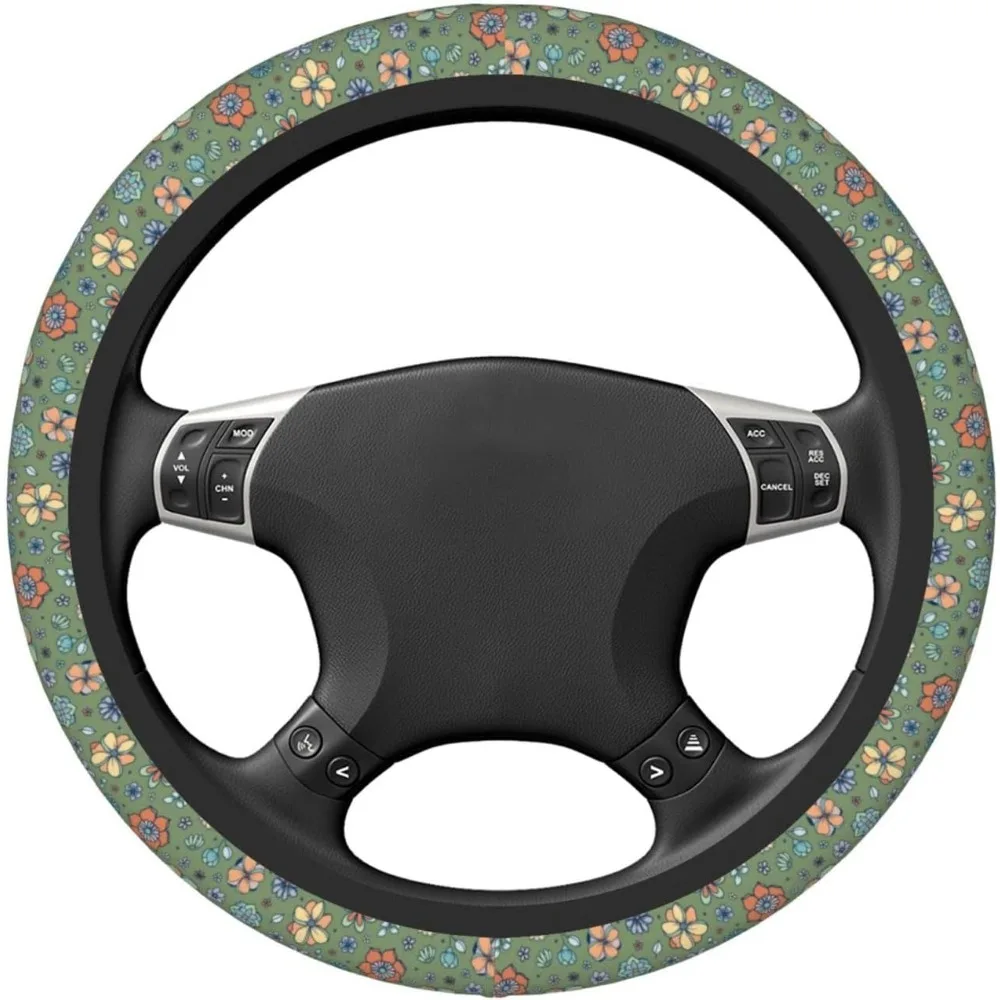 Sage Green Hippie Flower Auto Car Steering Wheel Cover Universal 15 Inch Neoprene Interior Decor Protection Accessories