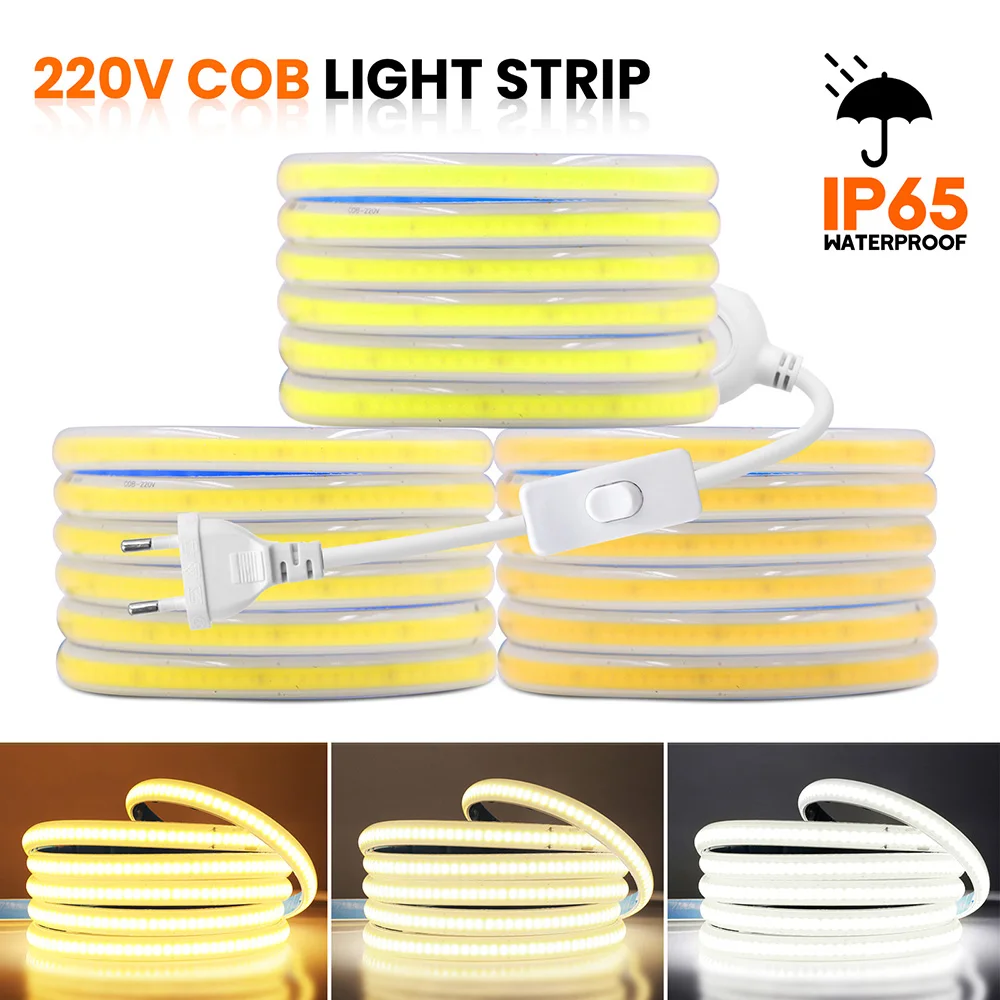 

220V Switch LED COB Strip Light Waterproof IP65 Flexible Tape with Power 288 LEDs High Density Linear Lighting 5m 10m 50m 100m