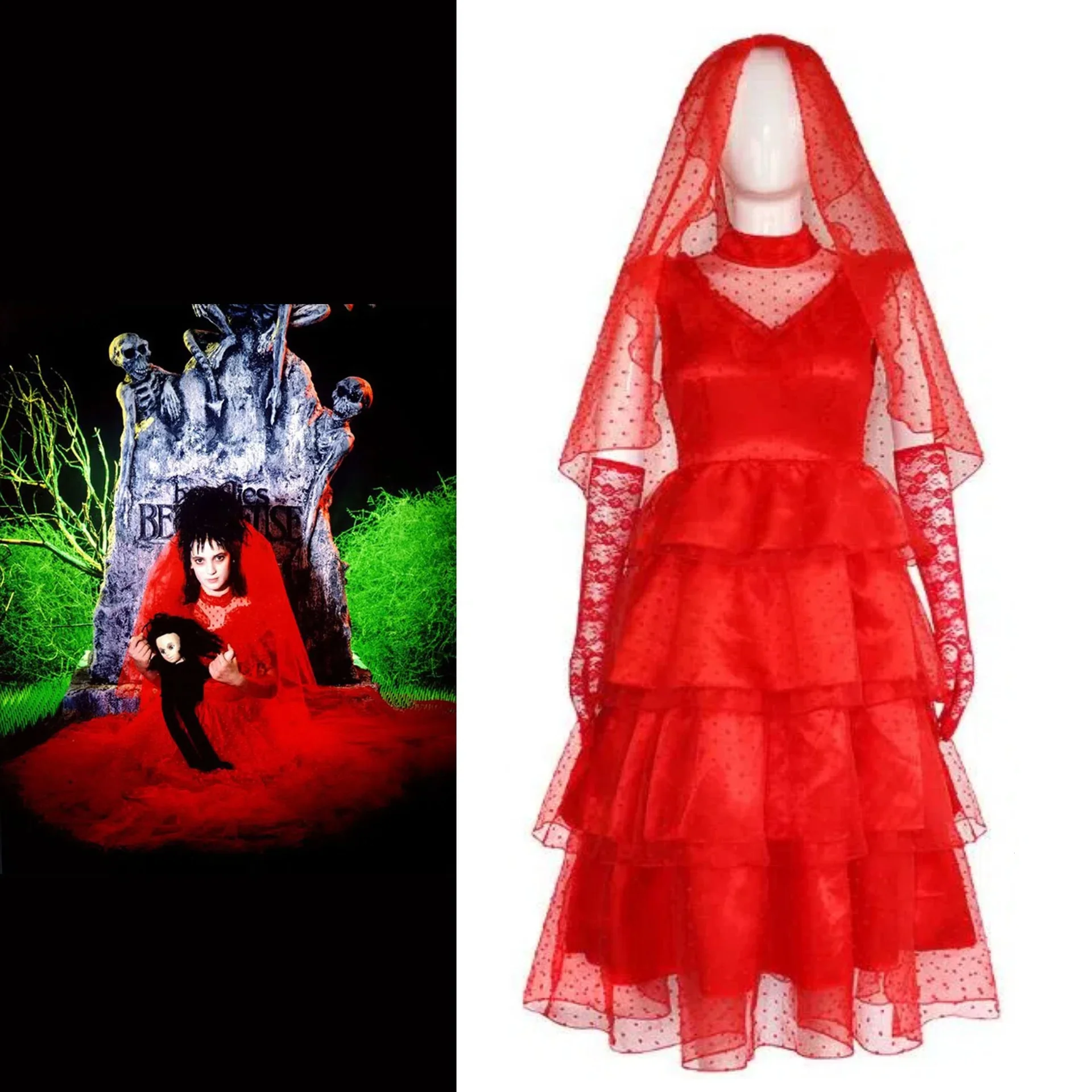 

Lydia Deetz Red Wedding Dress Cosplay Costume Halloween Goth Dress Woman Dresses Headveil with Gloves Featured Party Outfit