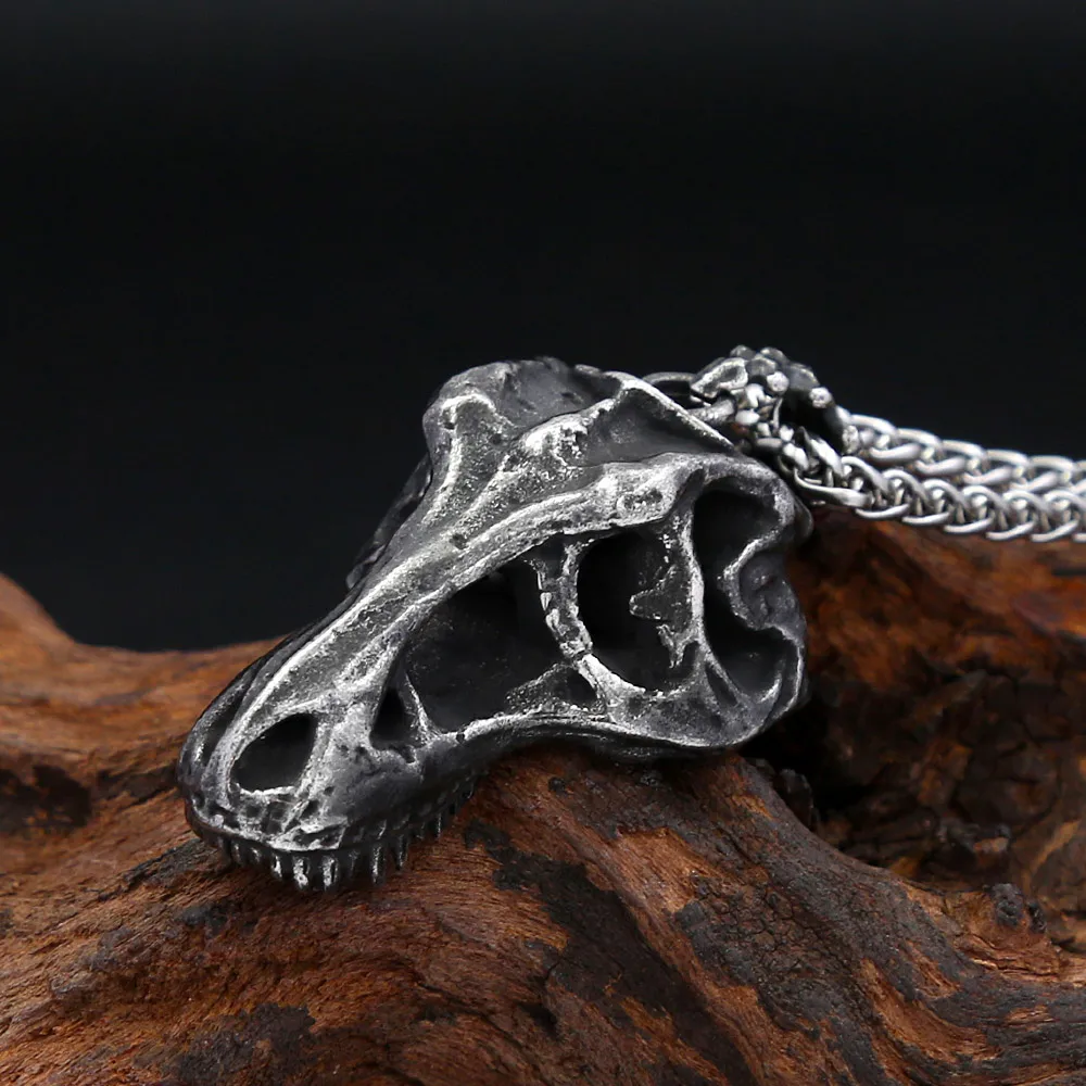 Vintage Tyrannosaurus Rex Skull Necklace Men Stainless Steel Dinosaur Fossil Pendant Retro Prehistoric Beast Gothic Jewelry Gift