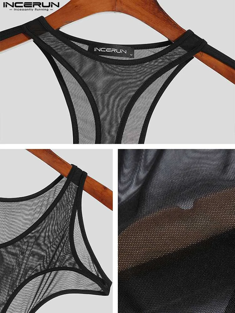 Men Bodysuits Mesh See Through Pajamas 2023 Hollow Out Solid Underwear Sexy O-neck Long Sleeve Men Irregular Bodysuit INCERUN