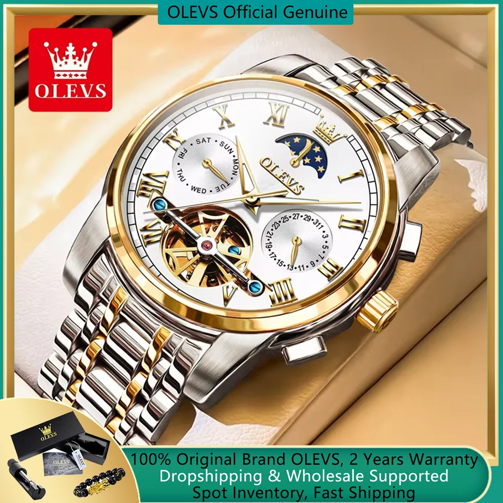 OLEVS Original Automatic Mechanical Watch for Men Luxury Brand Moon Phase Tourbillon Wristwatch Waterproof Luminous Moonswatch