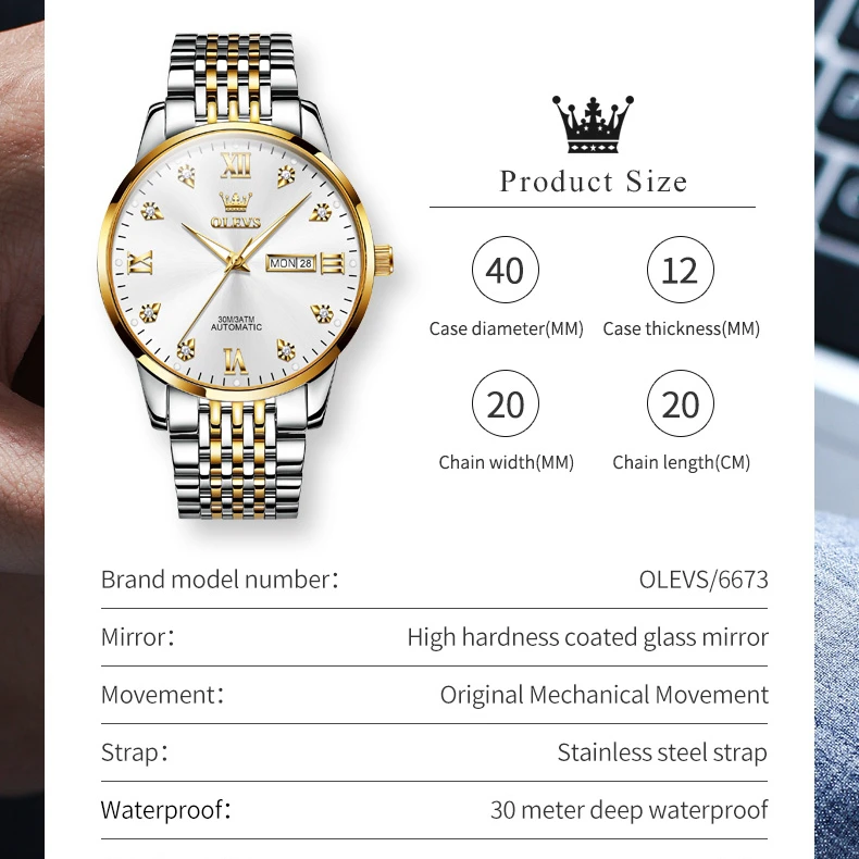 OLEVS 6673 ساعة عصرية ميكانيكية هدية سوار ساعة من الفولاذ المقاوم للصدأ قرص دائري ساعة يد عرض الأسبوع تقويم مضيء