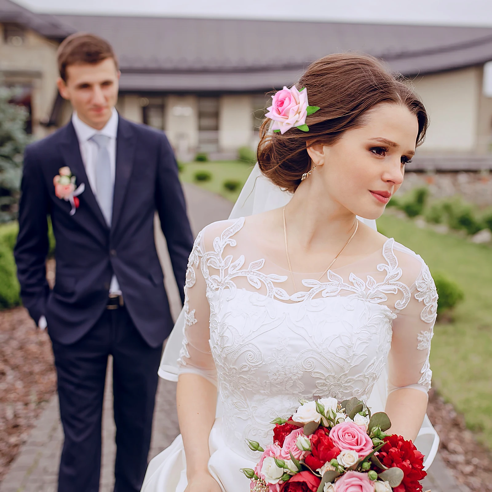 

6 Pcs Simulated Rose Accessories Pink Pins U-shaped Wedding Clips Fabric Durable Bridal Hair Decor Women Hair Accessories