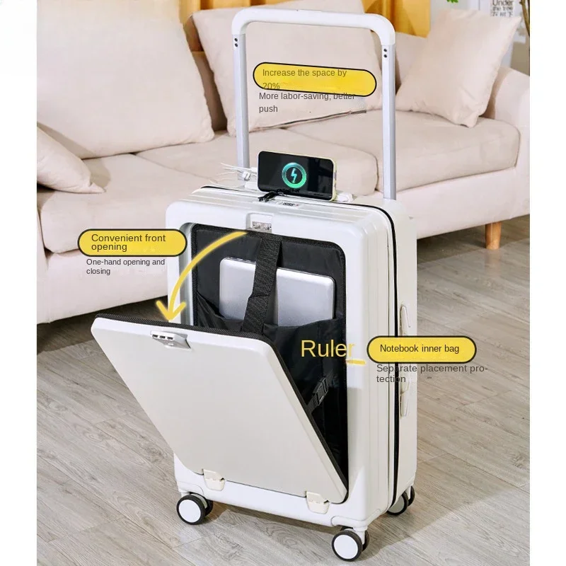 Multifunctional Suitcase Pop-up Front Opening Wide Trolley Case 20Inch Boarding Box with USB Port Water Cup Holder Lugg