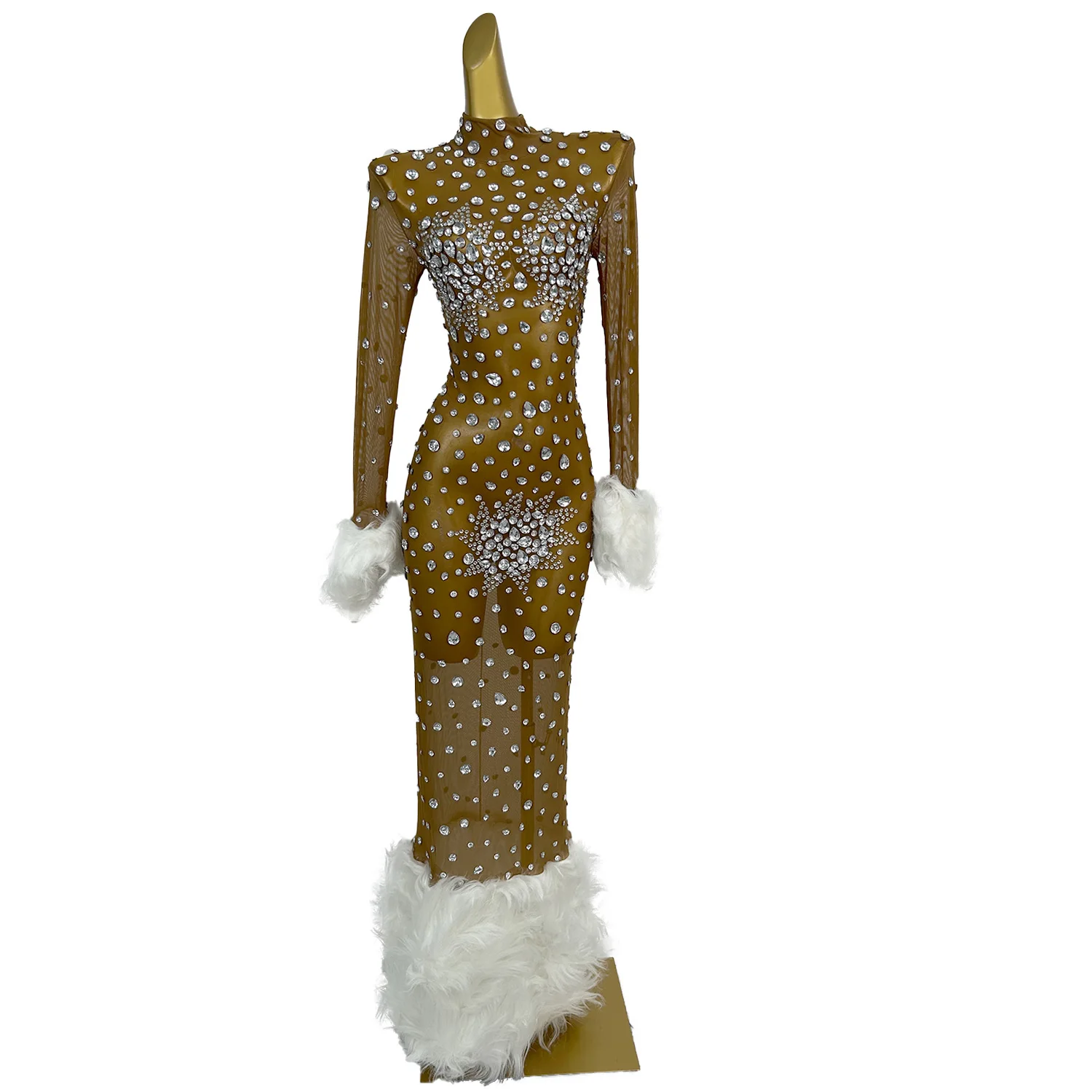 Luksusowa Sukienka Wieczorowa z Cyrkoniami i Futrem, Długa, na Imprezę, Uroczystość, Strój Klubowy, Suknia na Kolację, Sukienka dla Piosenkarki, Sukienka na Bal, Dopasowana Sukienka