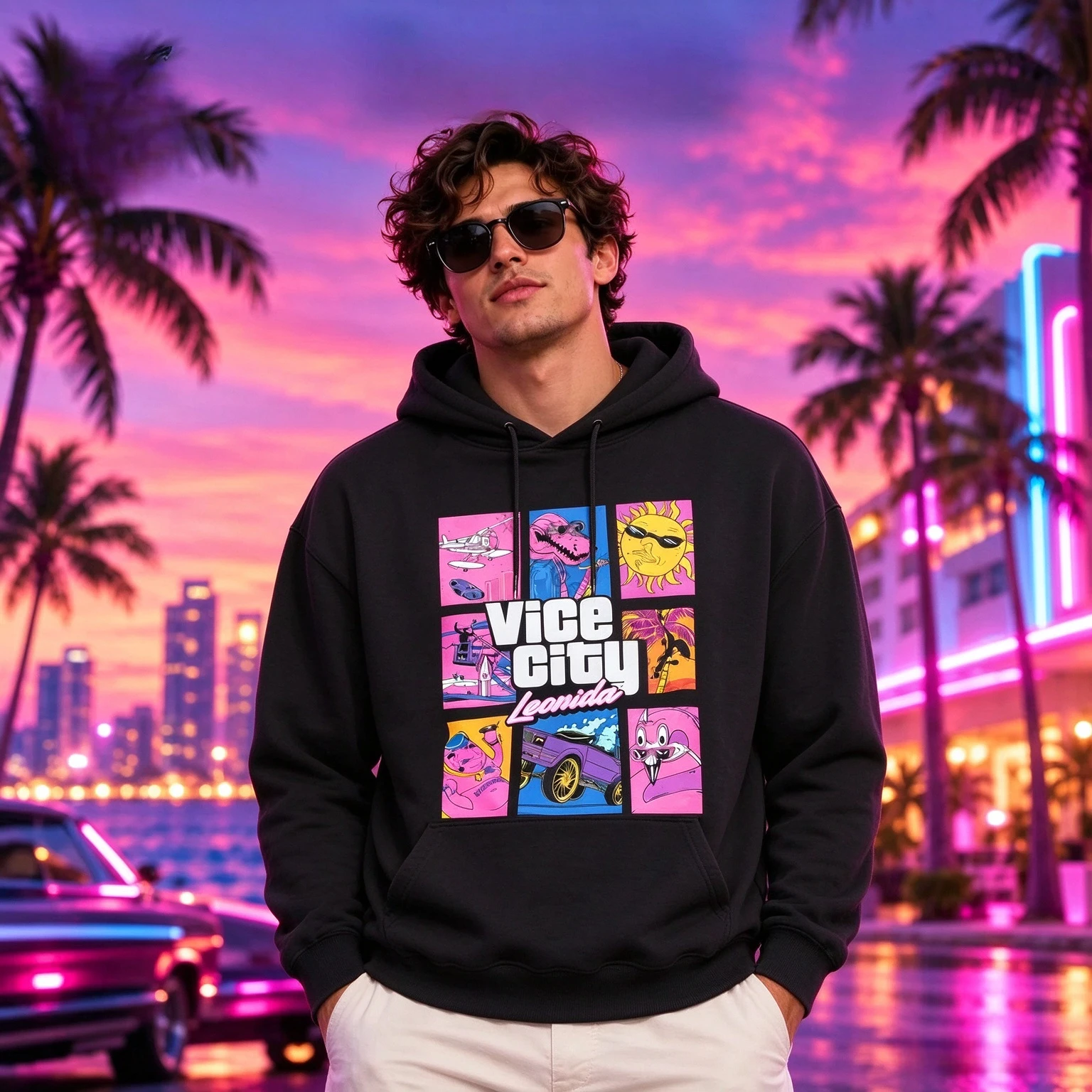 GTA 6 Vice City Leonida Collage Graphic Hoodie Unisex Oversized Pullover Hooded Sweatshirt Miami Retro Streetwear Men Women