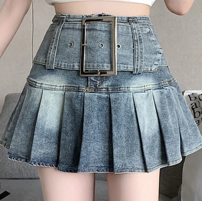 ZXRYXGS 2024 High Waisted Denim Pleated Short Skirt Girlish and Motorcycle Cool Pantskirt Whitening Aging Culottes Women Skirts