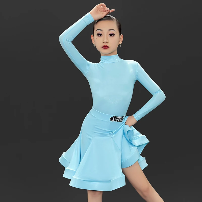 Kids Latin Dance CLothes Girls Competition Dress Long Sleeves High Collar Suit Cha Cha Ballroom Dance Training Clothing DNV19260