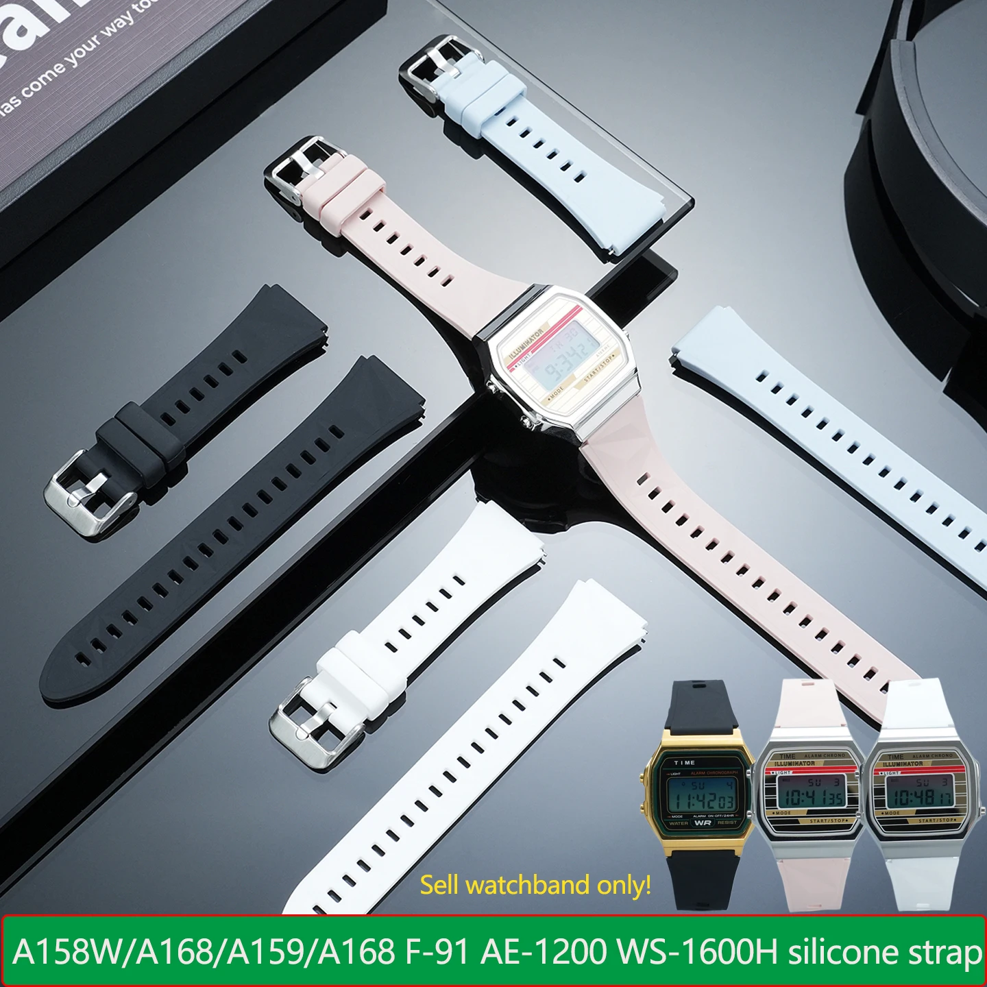 18mm convex silicone watchband for Casio A158W/A168/A159/A168 F-91/F-108 AE-1200/1300 WS-1600H series soft quick release strap