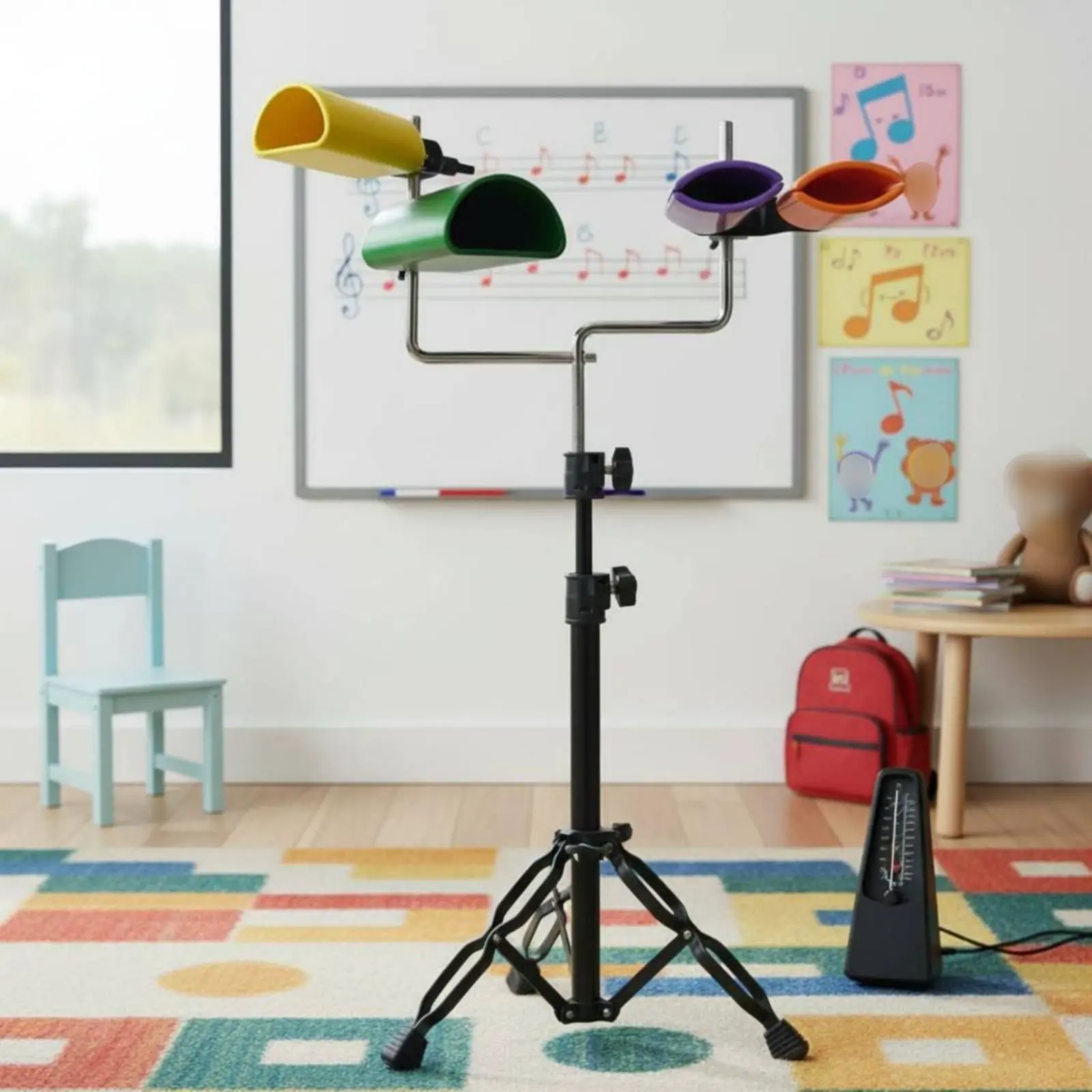 Picture 6: 4 Pieces Cowbell Two-Tone Color Cowbell Stand Set Percussion Instrument Mounted Bracket Easy to Strike for Band Practice