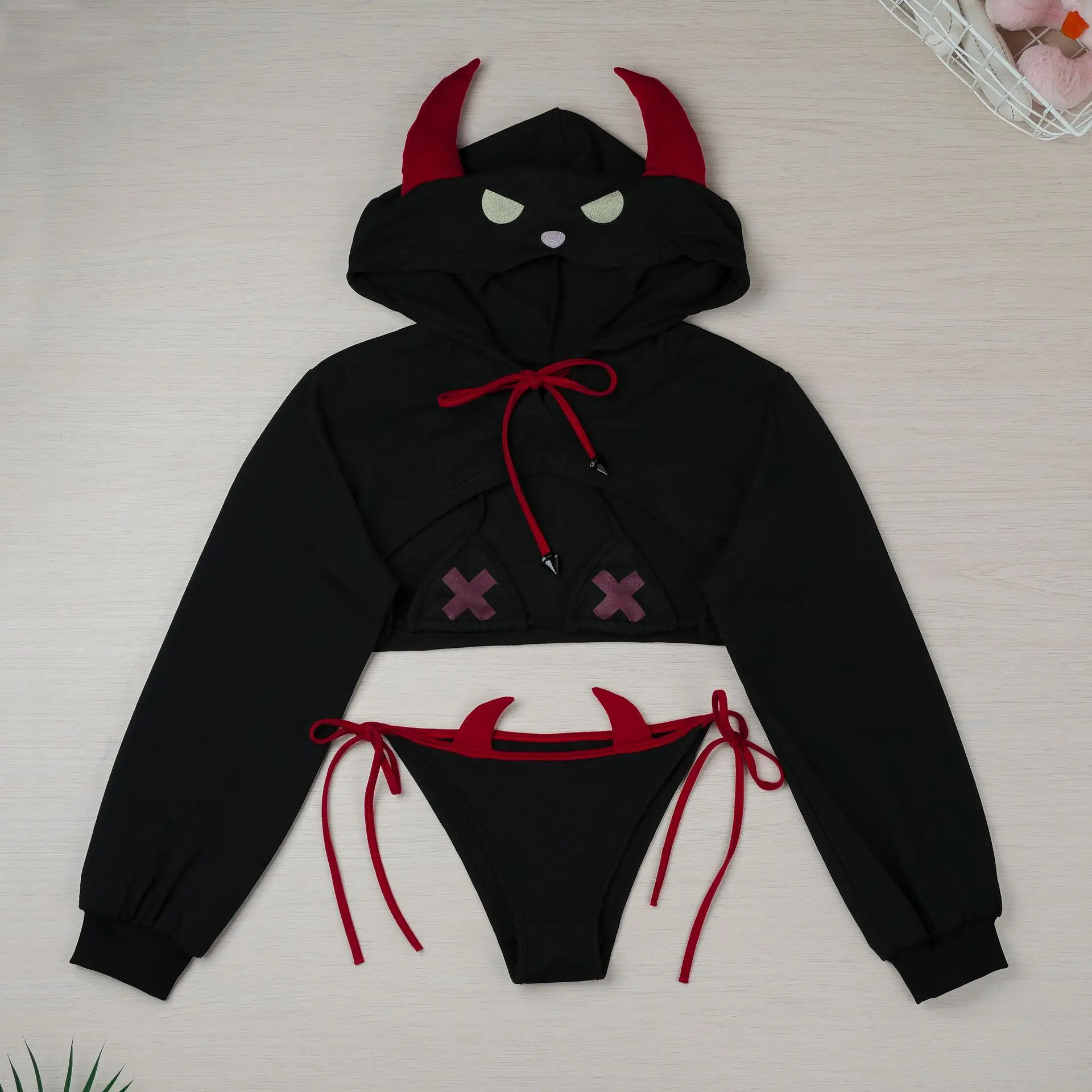 فاسق الشيطان الفتيات مجموعة البكيني هوديي المحاصيل الأعلى طويلة الأكمام هالوين تأثيري الملابس الداخلية ثوب النوم دور اللعب ملابس الطلاب الملابس الداخلية