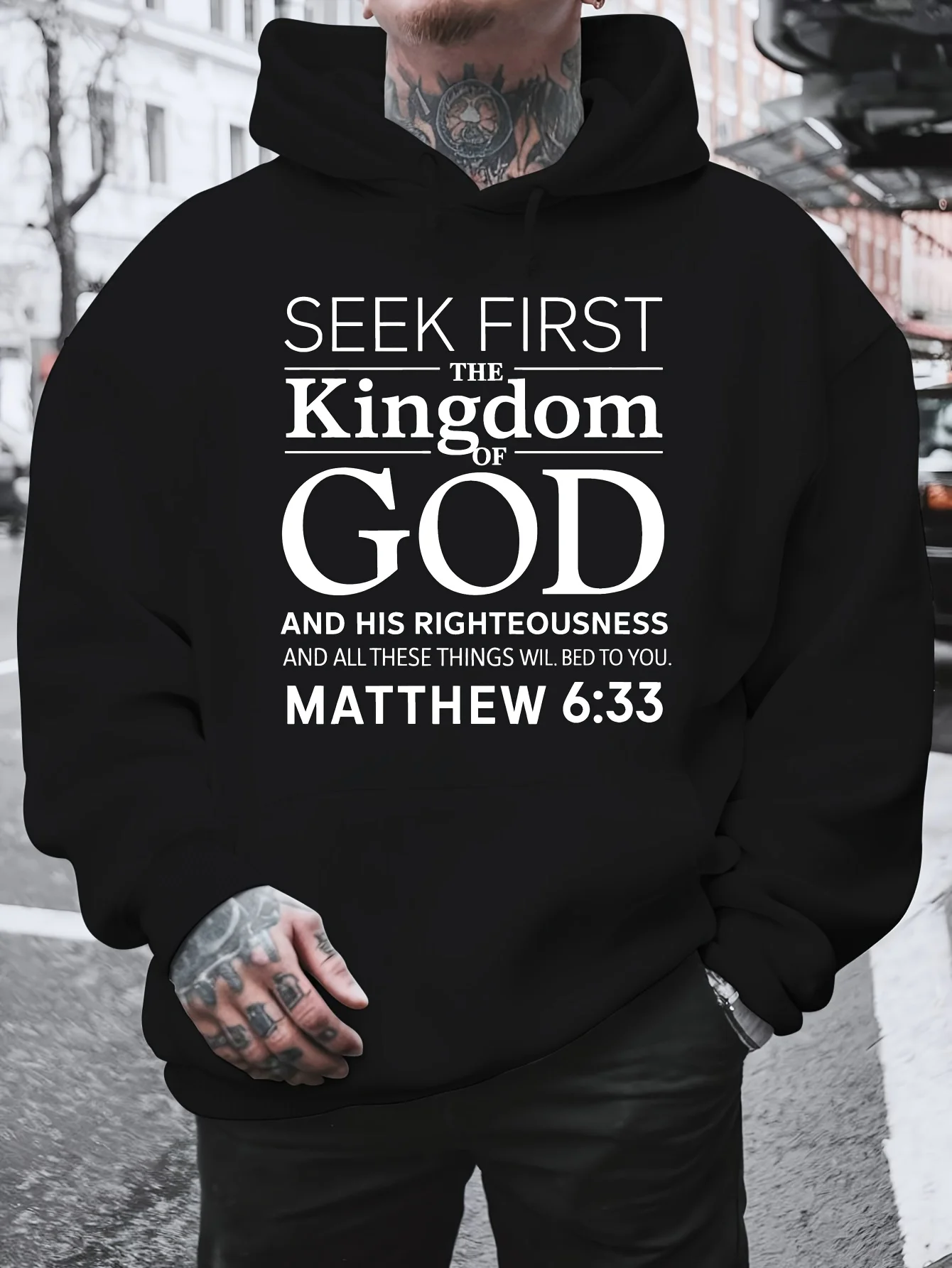 Men's Hoodie with Bible Verse - Based on Matthew 6:33 - Yellow Religious Design, with Front Print - Comfortable Winter Pullover for Church, Bible Studies, and Casual Wear - Faith-Inspired Gift