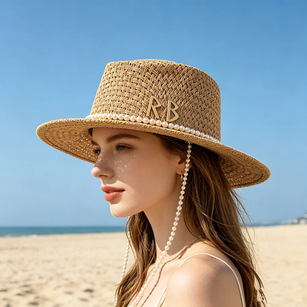 2026 European Fashion Letter Pearl Chain Straw Sun Hat for Women, Summer Beach UV Protection Cap