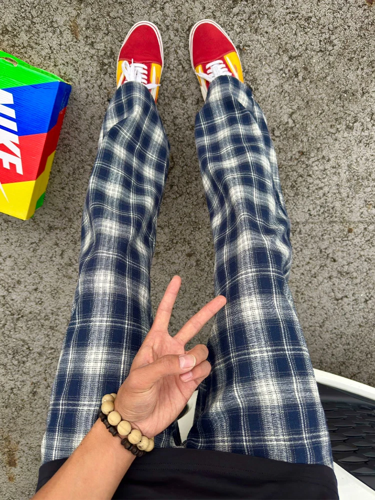 

Модные мужские летние тонкие повседневные спортивные брюки Cleanfit в синюю клетку, свободные брюки прямого кроя в стиле ретро, удобные прямые брюки свободного кроя