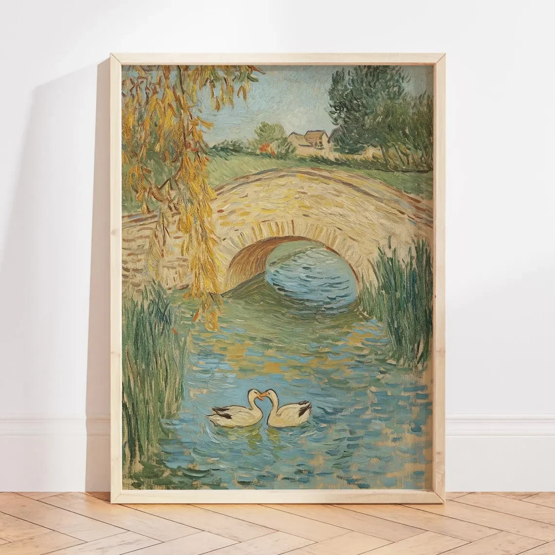Post-Impressionist Duck Pond Wall Print Decor - Classic Oil Painting Style Art of Two Ducks Nuzzling in a Stream Under a Ston