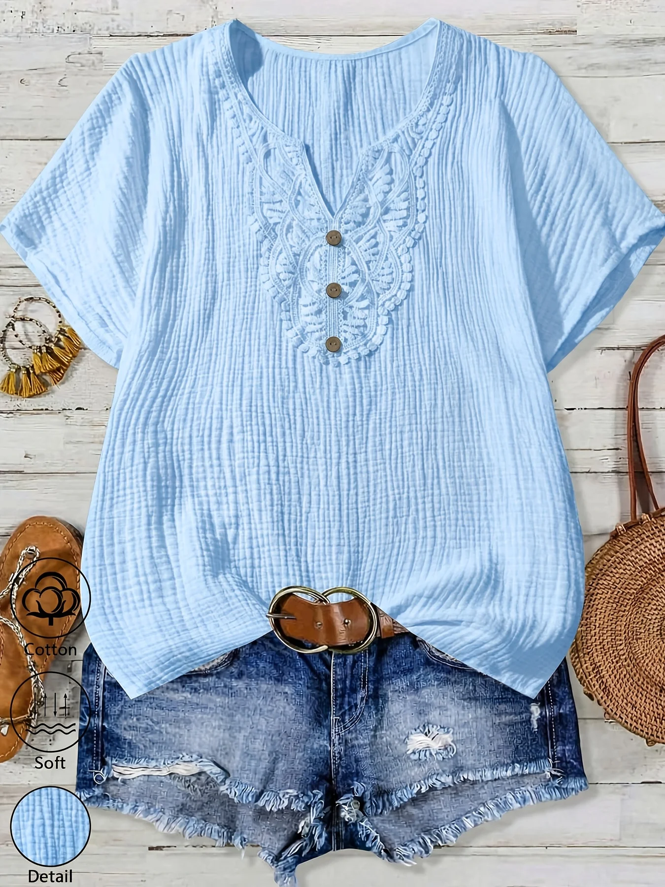 Women's Classic 100% Cotton Casual Short-Sleeve Shirt Featuring Lace-Trimmed V-Neck and Button-Detail Design.
