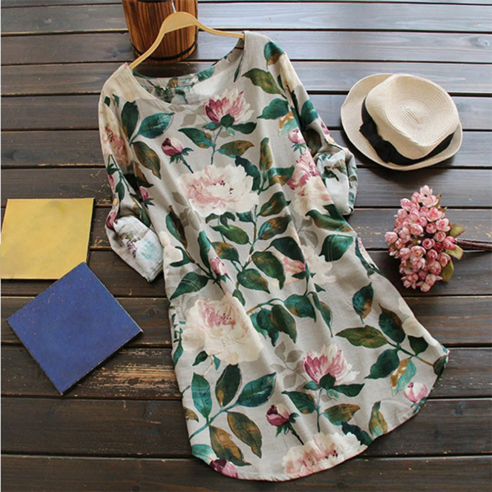 

Vintage Floral Printed Dress for Middle-Aged Women Round Neck Loose Casual Dresses 2024 Summer Long Sleeved Elegant Dress