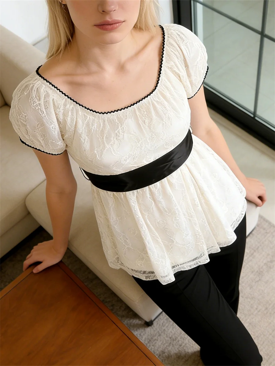 Women Y2K Lace Babydoll Tops and Blouses Bow Decor Short Sleeve Loose Shirt Vintage Casual Streetwear Holiday