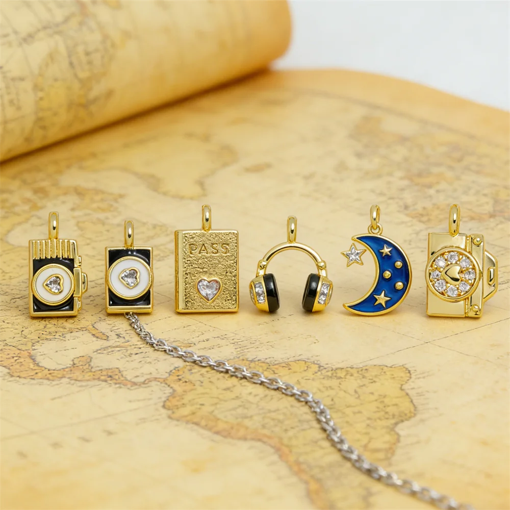 4 قطعة قلادة جواز السفر سماعة كاميرا سحر اليدوية المينا النحاس الزركون سوار ذاتي الصنع قلادة مجوهرات الإكسسوار اليومي حفلة