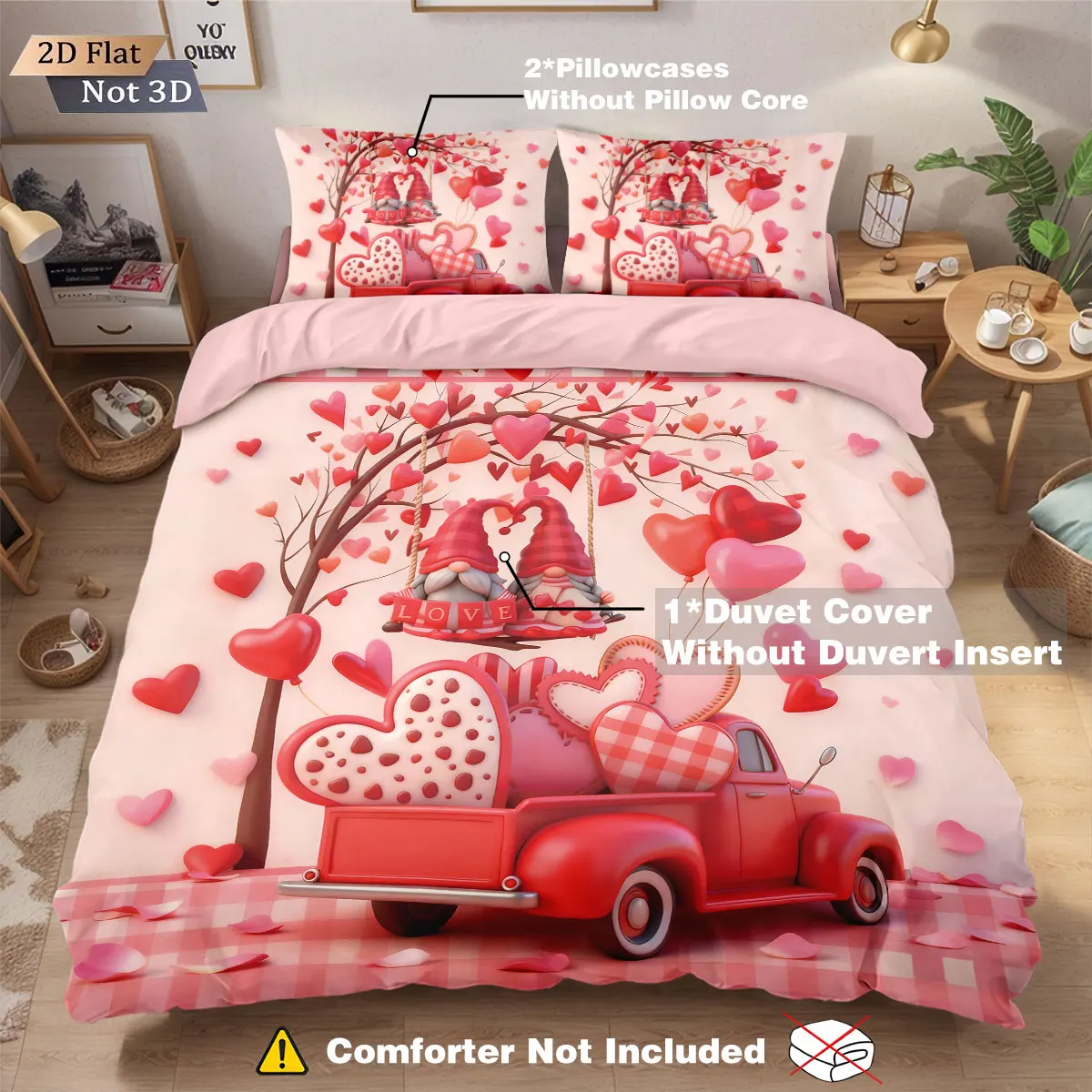 

3pcs Valentine's Day romantic pink love goblin car print coreless down duvet cover set multi size bedroom bedding decoration