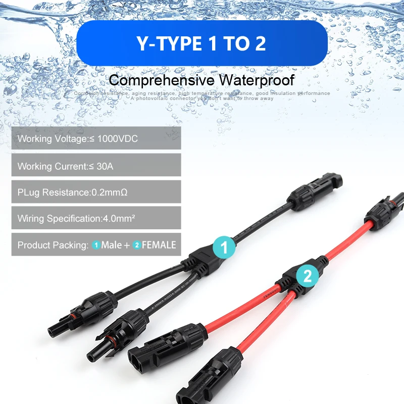 Solar-Stromverbinder 30A Y-Verteilerkabel, Solar-Kabel-Paralleladapter im Paar für Solarpanel 1*M/FF+1*F/MM Schwarz Rot Strom