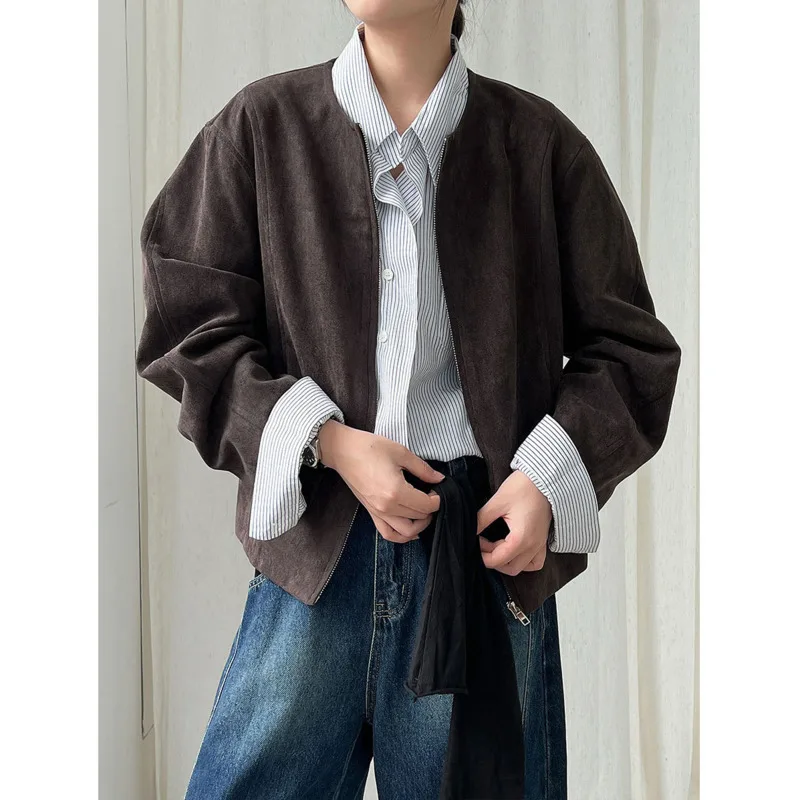 

Women Zipper Short Suede Jacket Autumn New Round Neck Loose Long Sleeve Casual Vintage Coat