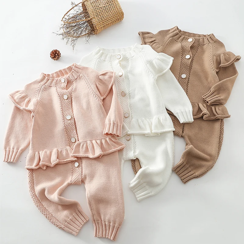 Newborn Baby Girl Knitting Bodysuits Ruffled Autumn Infant Baby Girls Jumpsuit One piece Outfit Romper Toddler Baby Girl Clothes