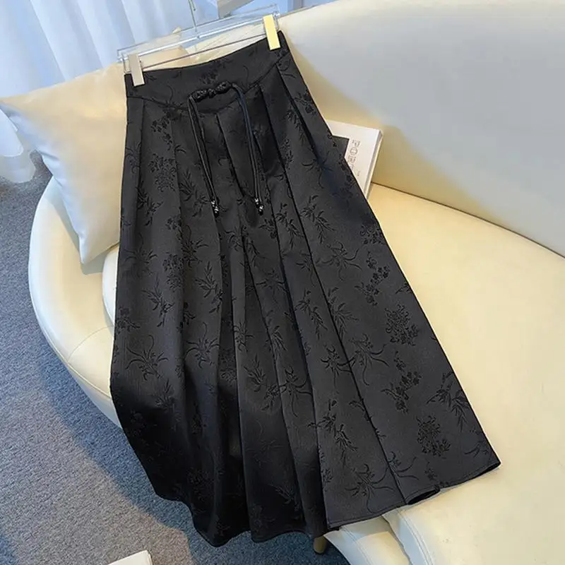 

New Chinese style national style buckle nail bead half skirt for women, mid summer long slimming pleated long skirt