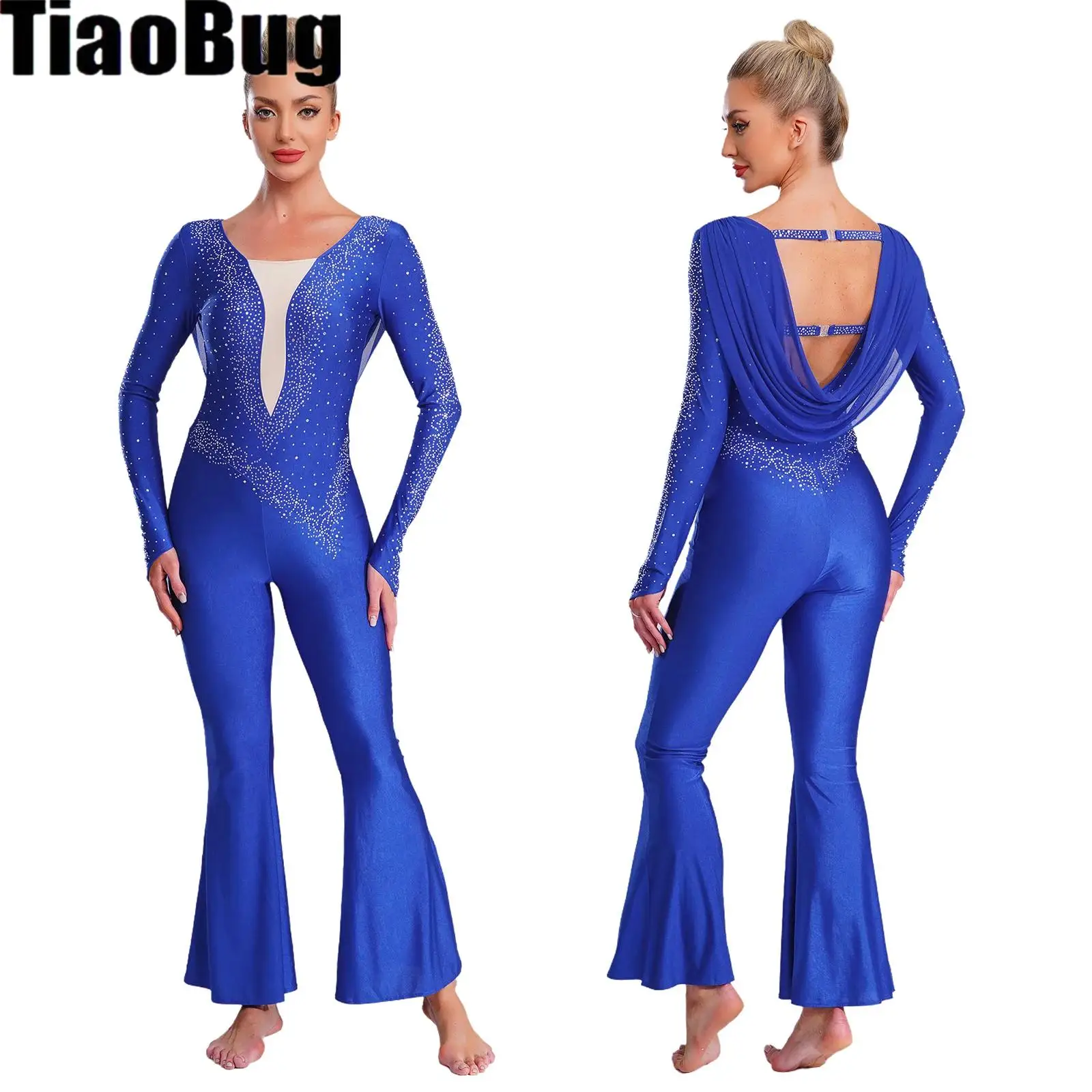 

Womens Glittery Rhinestone Latin Dance Rompers Long Sleeve Mesh Bell Bottom Pants Gymnastics Leotards Jumpsuit Cha-cha Dancewear
