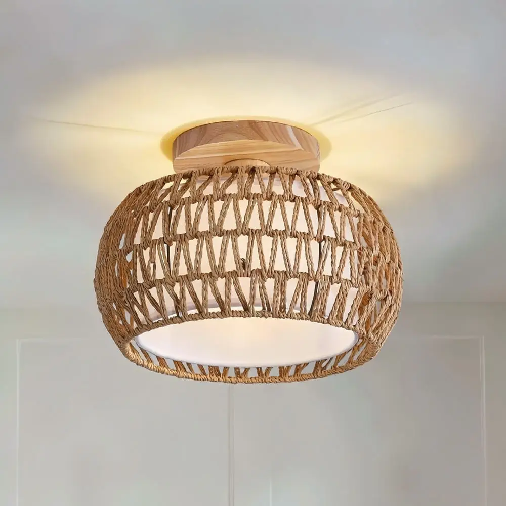Handwoven Paper Rattan Ceiling Fixture Farmhouse Style Flush Mount Lamp Bedroom Living Room Rustic Home Lighting